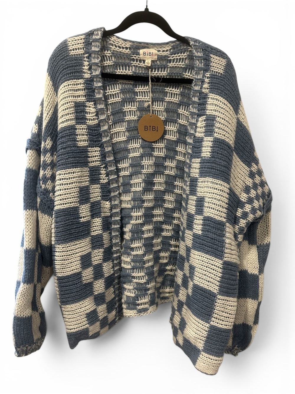BiBi Blue and Cream Checkerboard Open-Front Cardigan Lg - Picture 2 of 5